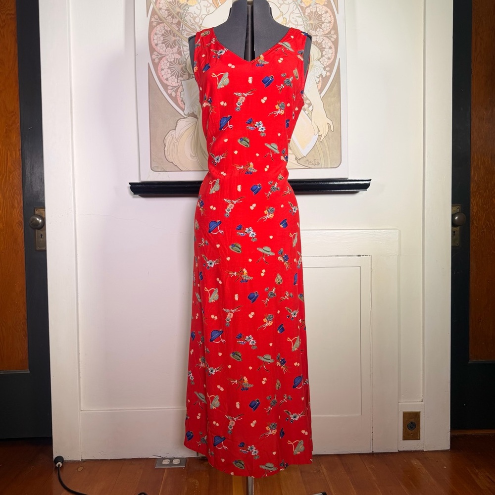 Vintage Nina Piccalino Tank Dress Womens Red Bohemian 90s Print Midi Cinch Waist
